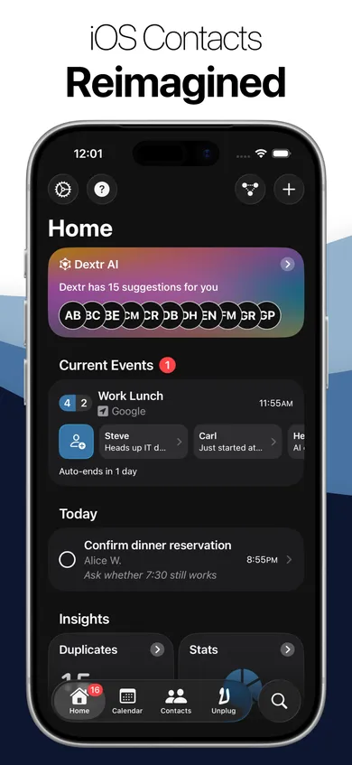 Dextr home screen with AI suggestions, current events, today’s reminders and insights