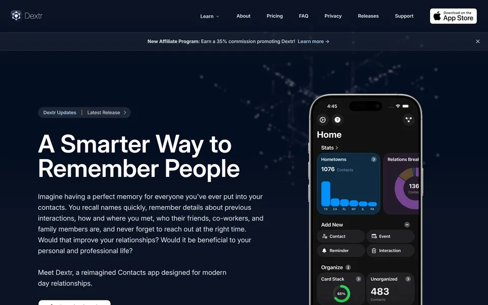 dextr.app homepage: “A Smarter Way to Remember People” beside an iPhone showing the Dextr home screen