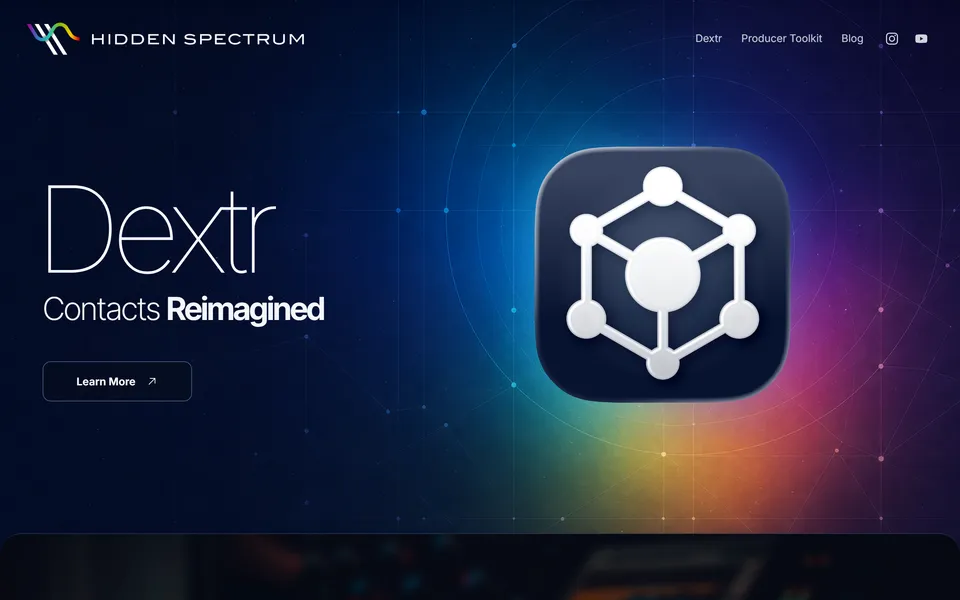 hiddenspectrum.io homepage featuring the Dextr app icon