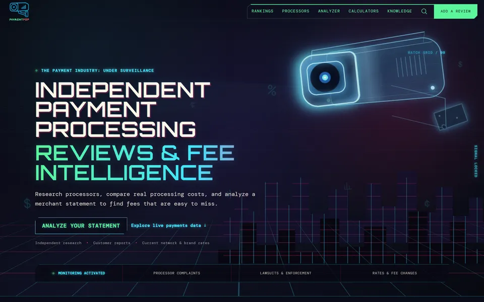 paymentpop.com homepage: “Independent payment processing reviews & fee intelligence”