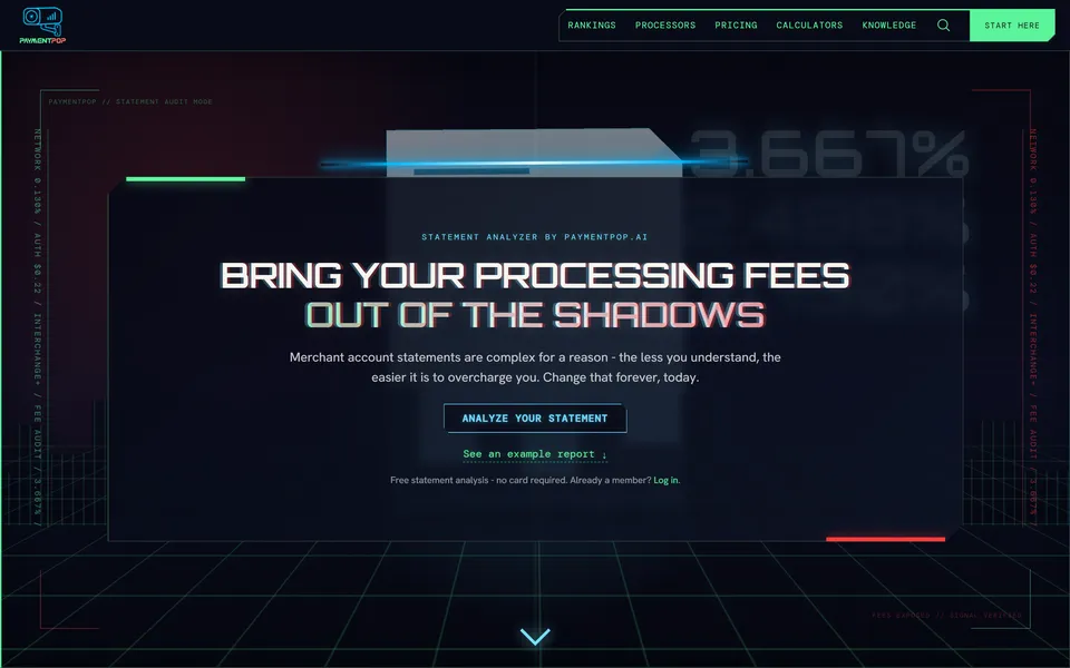 paymentpop.ai homepage: “Bring your processing fees out of the shadows” with an Analyze Your Statement button
